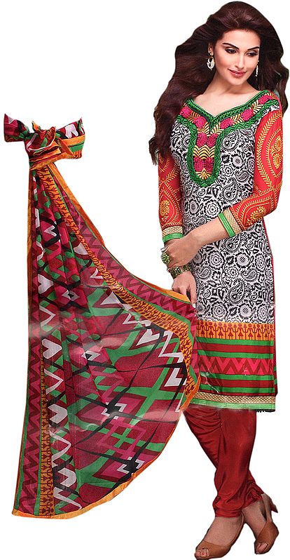 Multi-Color Choodidaar Kameez Suit with Thread Embroidered Neck and Printed Paisleys