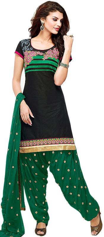 Black and Green Patiala Salwar Kameez Suit with Embroidered Flowers and Beads