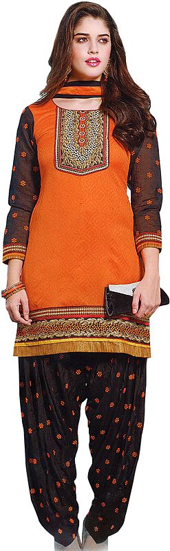 Vibrant-Orange and Black Patiala Salwar Kameez Suit with Embroidered Patch on Neck and Border