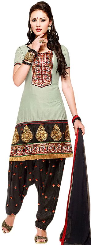 Ridge-Gray Patiala Salwar Kameez Suit with Aari Embroidered Patch on Neck and Border