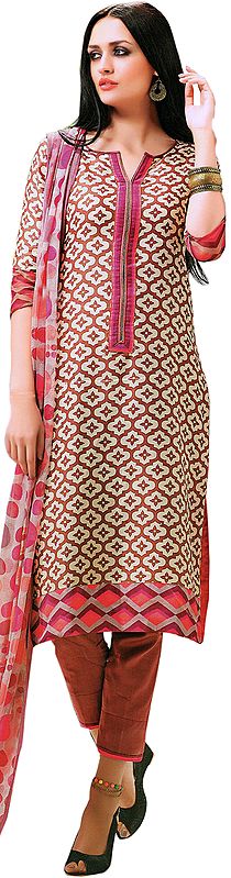 Beige and Red Capri Salwar Suit with Printed Patch on Border