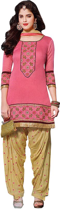 Pink and Beige Patiala Salwar Kameez Suit with Thread Embroidered Flowers on Neck and Border