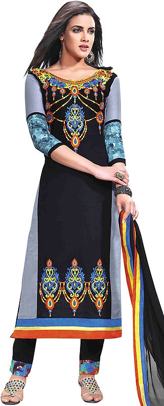 Jet-Black Parallel Salwar Suit with Embroidered Flowers and Digital Print