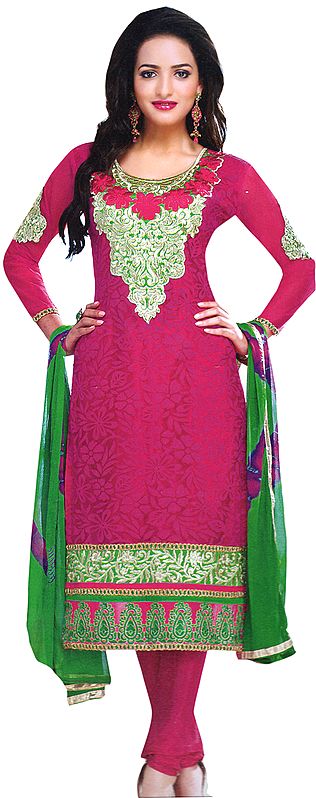 Hollyhook-Purple Choodidaar Kameez Suit with Aari Embroidered Floral Patch on Neck and Border