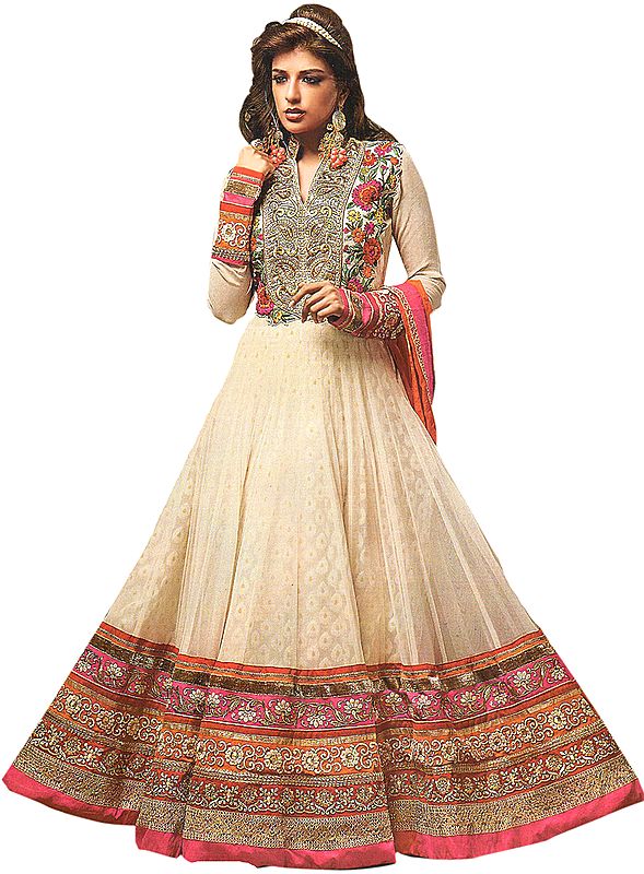 Summer-Melon Bridal Anarkali Ghera Suit with Embroidered Flowers on Neck and Three-Layered Border