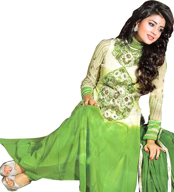 Fairway-Green Choodidaar Kameez Suit with Thread Embroidered Patch