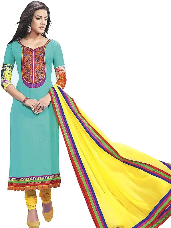Blue-Turquoise Long Chudidar Suit with Aari Embroidered Patch and Digital Print at Back