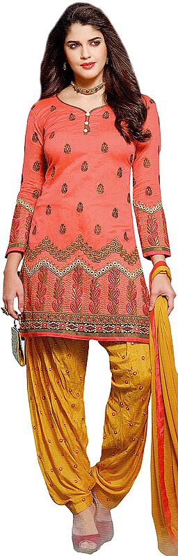 Peach-Blossom Patiala Salwar Kameez Suit with Thread Embroidered Paisleys and Border