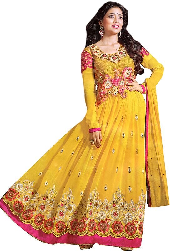 Vibrant-Yellow Wedding Anarkali Ghera Suit with Thread Embroidered Flowers on Border and Neck
