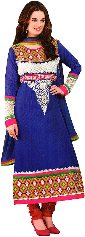 Dazzling-Blue Long Choodidaar Kameez Suit with Aari Embroidery and Faux Pearls