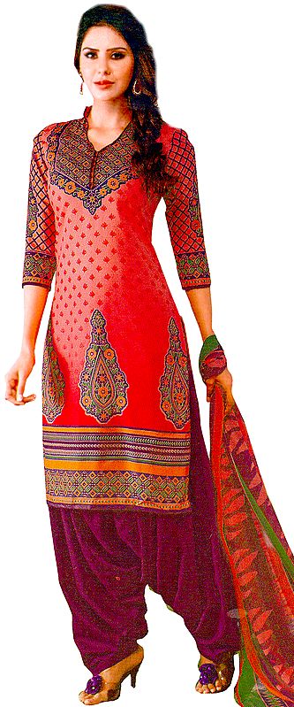 Shell-Pink and Purple Patiala Salwar Kameez Suit with Printed Bootis