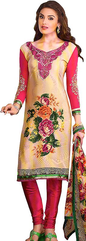Almond-Buff and Pink Choodidaar Printed Kameez Suit with Embroidery on Neck and Printed Roses