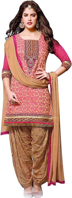 Prism-Pink Patiala Salwar Kameez Suit with Thread Embroidery on Neck and Border
