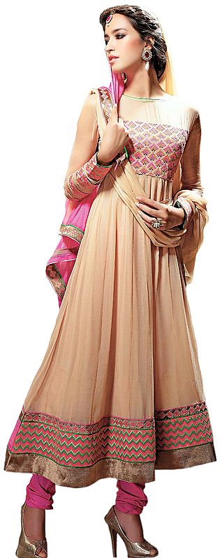 Latte-Colored Bridal Anarkali Suit with Thread Embroidery on Border