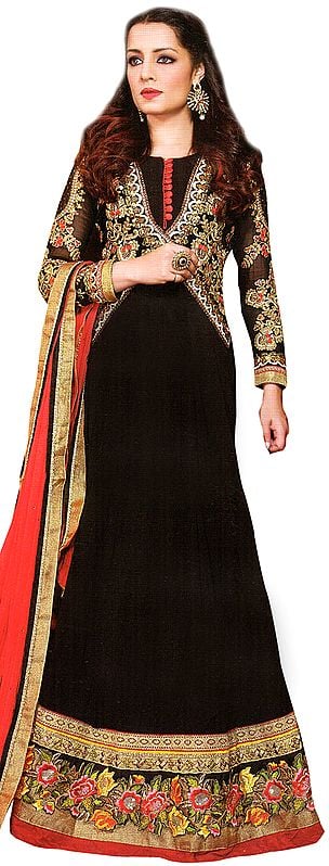 Black Wedding Celina Anarkali Suit with Thread Embroidered Flowers and Wide Parsi Border