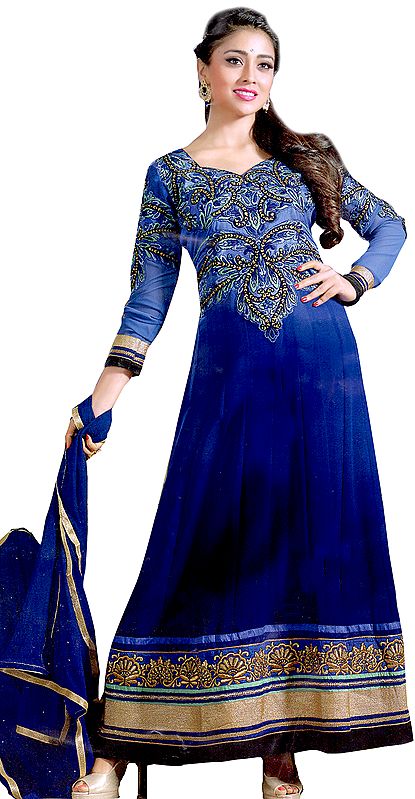 Mazarine-Blue Wedding Anarkali Suit with Floral Embroidery and Patch Border