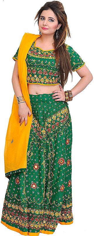 Bandhani Lehenga Choli from Jaipur with Thread Embroidered Flowers and Mirrors