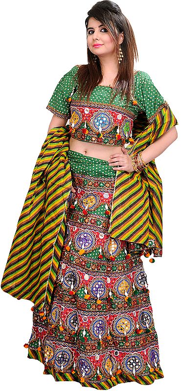 Multi-Colored Printed Lehenga Choli from Kutch with Sequins and Hanging Faux Conches