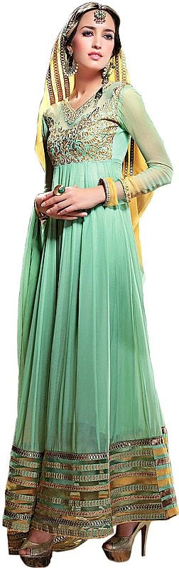 Celadon-Green Bridal Anarkali Suit with Embroidery in Metallic Thread