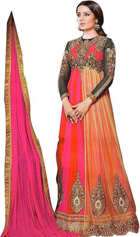 Tri-Color Designer Bridal Celina Anarkali Suit with Metallic Thread Embroidered Patches and Stone
