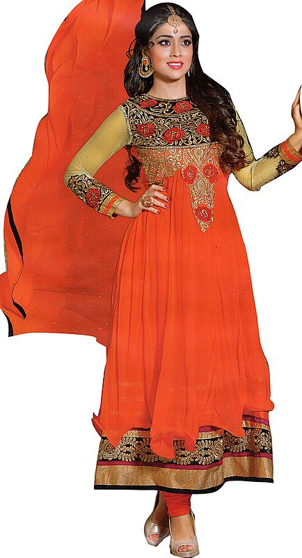 Vibrant-Orange Wedding Anarkali Suit with Metallic Thread-Embroidered Patches and Stone