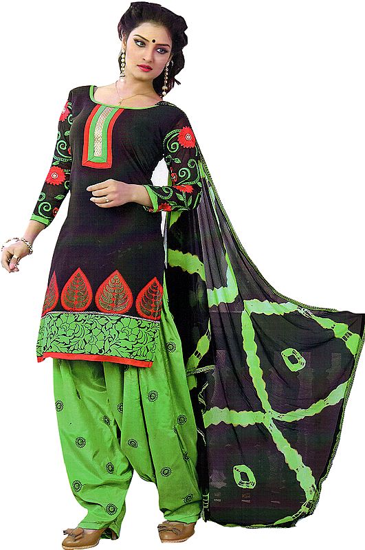 Black and Green Patiala Salwar Kameez Suit with Patch on Neck and Woven Flowers on Border