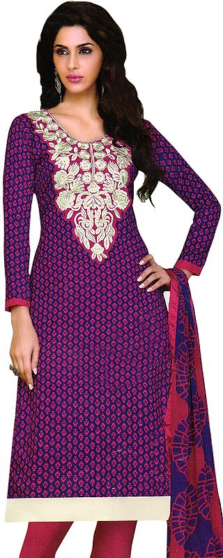 Deep Blue and Pink Choodidaar Kameez Suit with Woven Bootis and Embroidered Patch on Neck
