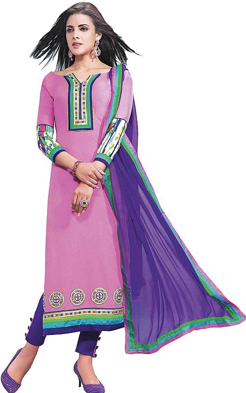 Sachet-Pink Parallel Salwar Suit with Chakras Patch on Border and Digital Print at Back
