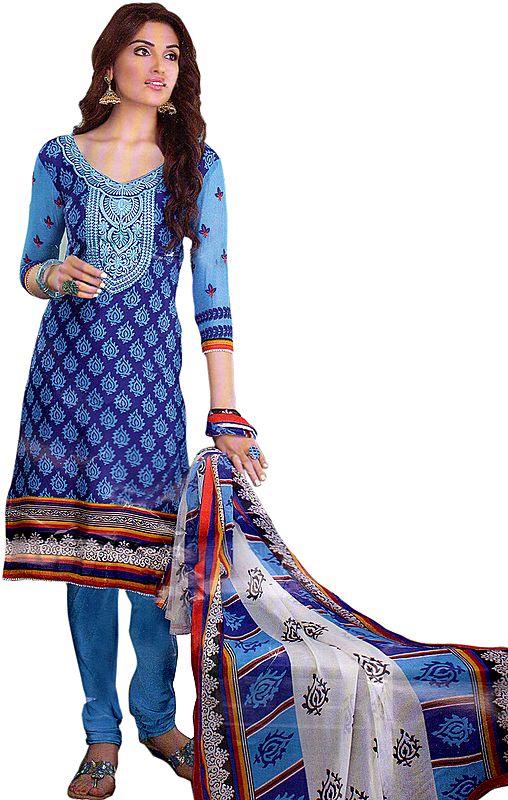 Mazarine-Blue Choodidaar Printed Kameez Suit with Embroidered Patch on Neck
