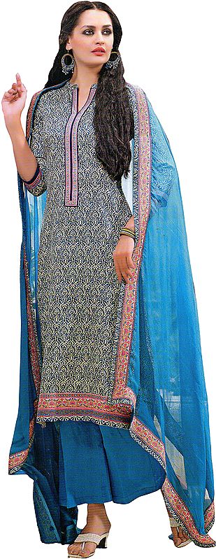 Blue-Jewel Parallel Salwar Suit with Printed Patch on Border