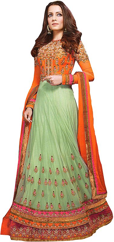 Orange and Pastel-Green Designer Bridal Celina Anarkali Suit with Metallic Thread Embroidery and Two-Layered Border
