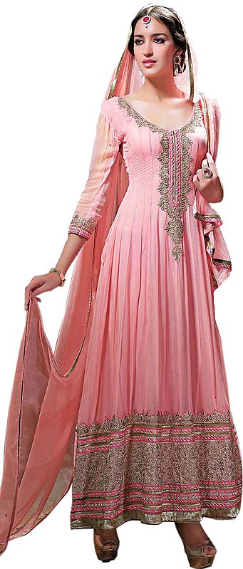 Quartz-Pink Wedding Anarkali Suit with Embroidery on Neck and Border