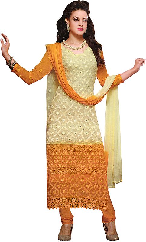 Ivory and Radiant-Yellow Shaded Long Choodidaar Kameez Suit with Thread Embroidered Flowers and Crochet Border