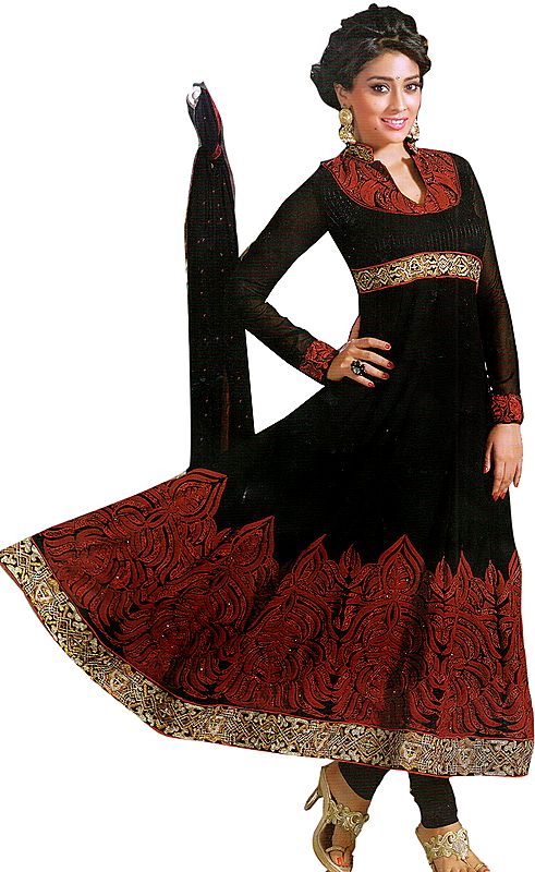Black Wedding Anarkali Suit with Floral Embroidery in Red Thread and Patch Border