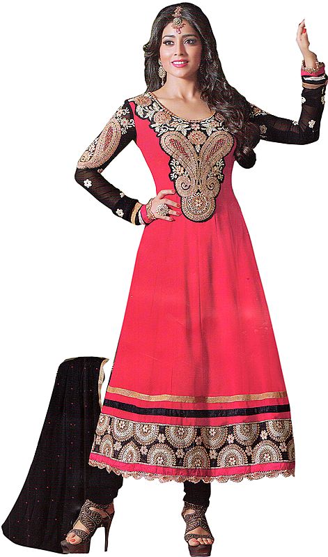 Beetroot-Purple Wedding Anarkali Suit with Embroidered Paisleys on Neck and Patch Border