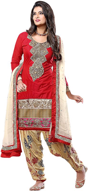 Tomato-Red Patiala Salwar Kameez Suit with Embroidered Patches and Floral Print on Salwar