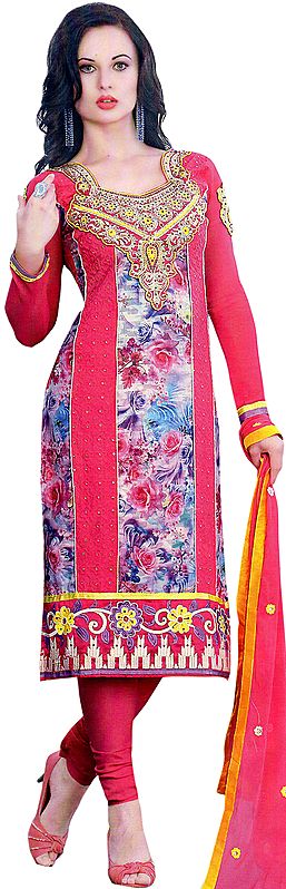 Azalea-Pink Long Choodidaar Suit with Embroidery on Neck and Digital Print at Back