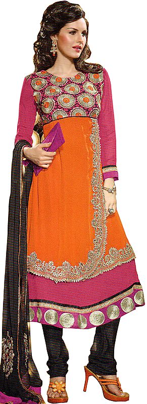 Bright-Pink and Orange Designer Anarkali Suit with Embroidered Chakras in Metallic Thread