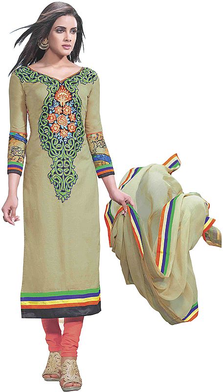 Gravel-Colored Long Choodidaar Kameez Suit with Embroidered Patch on Neck and Digital Print at Back