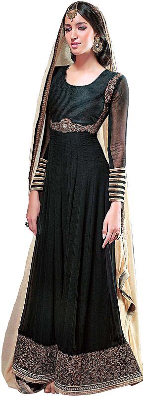 Black Wedding Anarkali Suit with Metallic-Thread Floral Embroidery on Border