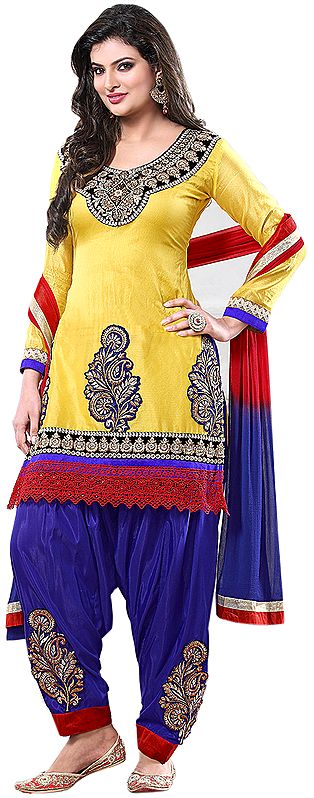 Lemon and Blue Patiala Salwar Kameez Suit with Embroidered Patches and Crochet Border