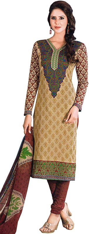 Desert-Dust Choodidaar Kameez Suit with Floral Print on Neck and Border