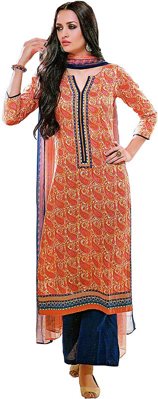 Dusty-Orange and Blue Parallel Salwar Suit with Printed Paisleys and Patch on Neck
