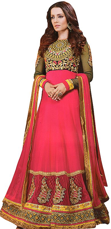 Bright-Pink Designer Bridal Celina Anarkali Suit with Embroidered Chakra on Neck and Sequins
