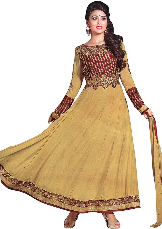 New-Wheat and Red Anarkali Suit with Floral Embroidery on Neck and Lotus Embroidered Patch Border