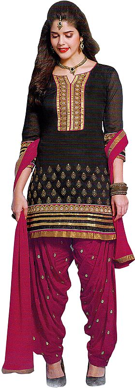 Black and Pink Patiala Salwar Kameez Suit with Embroidered Patch on Neck and Border
