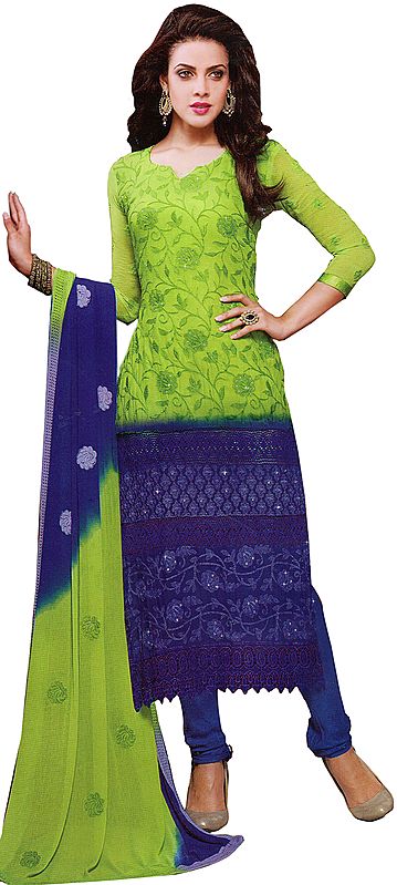 Lime-Green and Blue Shaded Long Choodidaar Kameez Suit with Embroidered Flowers and Crochet Border