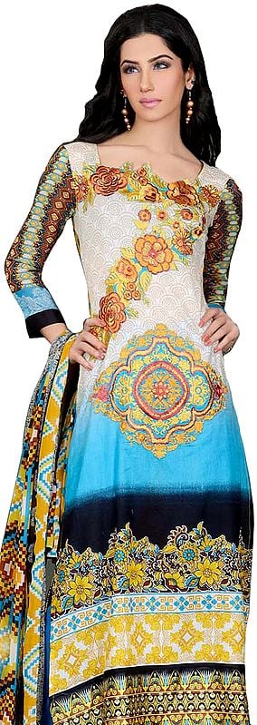 Cyan-Blue Pakistani Salwar Kameez Suit with Floral Embroidered Motifs