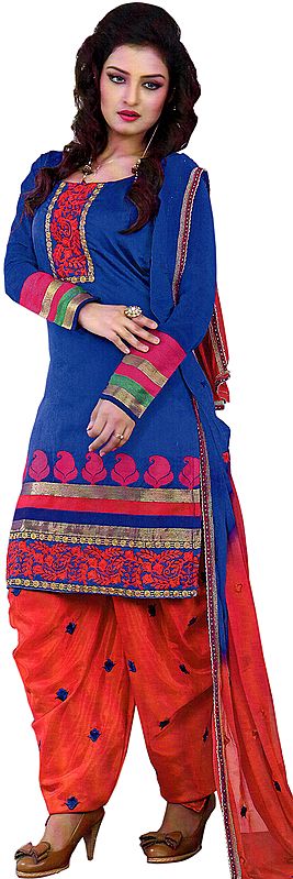 Dazzling-Blue and Red Patiala Salwar Kameez Suit with Patch on Neck and Embroidered Bootis on Salwar