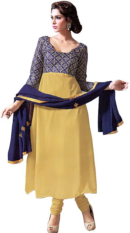 Wheat-Colored Anarkali Suit with Blue-Thread Embroidered Bust and Plain Ghagra